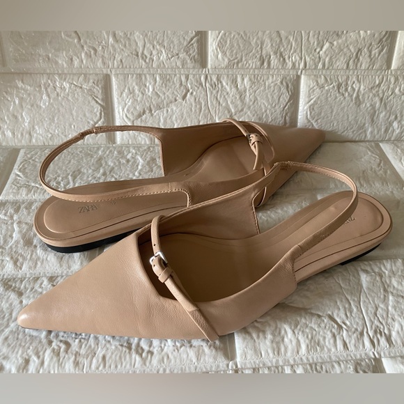 Zara Pointed Flat Leather Slingbacks - Picture 2 of 8